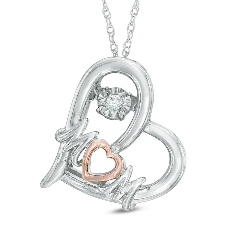 Diamond Accent "MOM" Tilted Heart Pendant in Two-Tone Sterling Silver