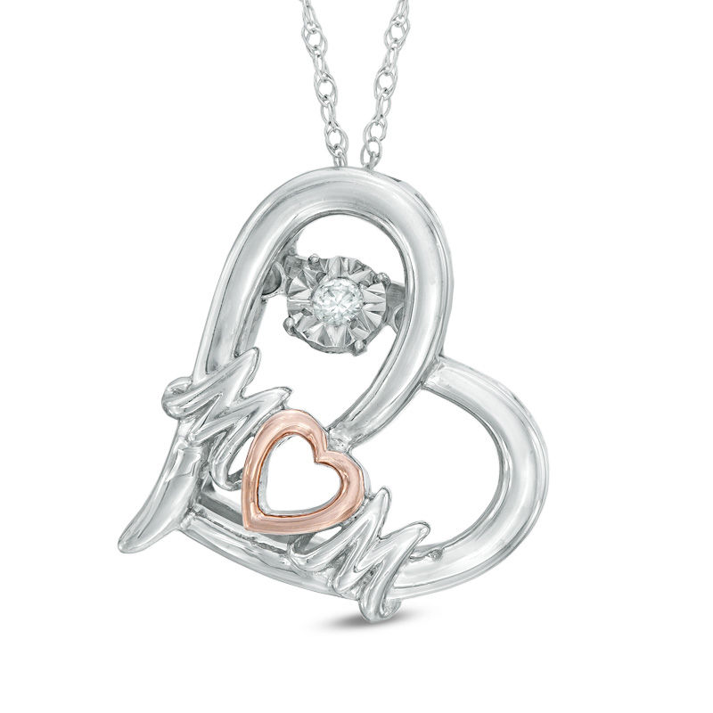Main Image 1 of Diamond Accent "MOM" Tilted Heart Pendant in Two-Tone Sterling Silver