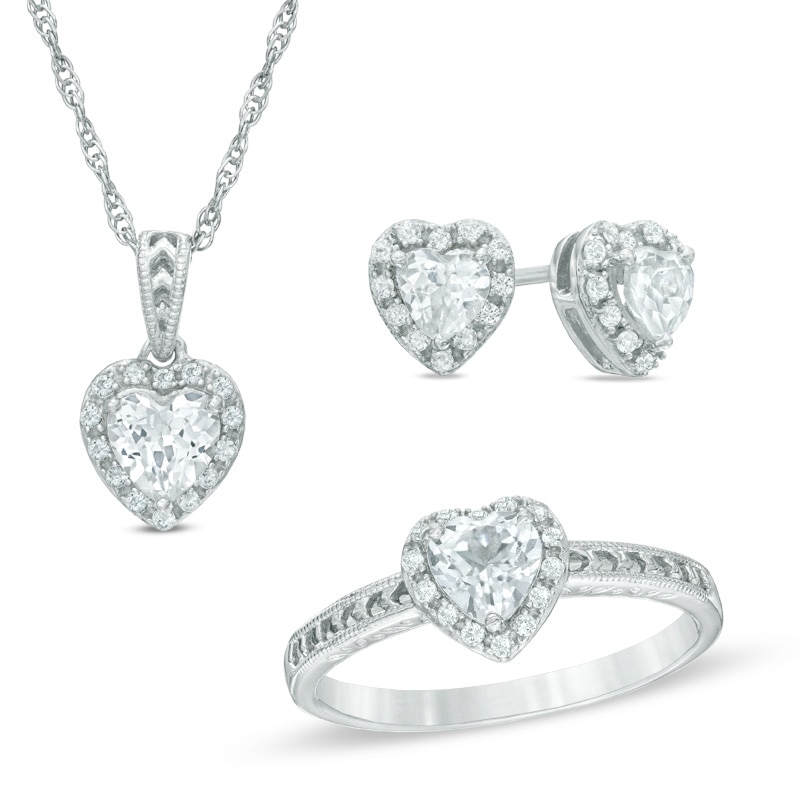 Main Image 1 of Heart-Shaped Lab-Created White Sapphire Pendant, Ring and Earrings Set in Sterling Silver - Size 7
