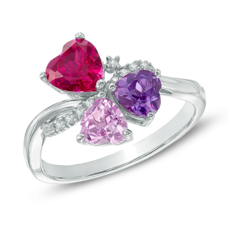 Heart-Shaped Lab-Created Multi-Gemstone and White Sapphire Bouquet Ring in Sterling Silver