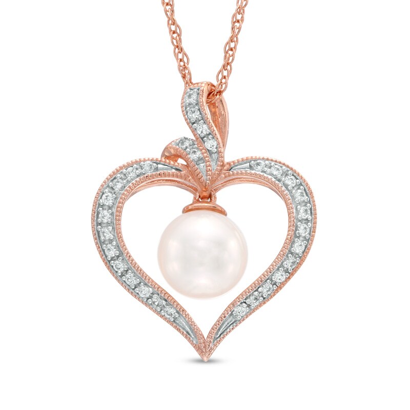 Cultured Freshwater Pearl and Lab-Created White Sapphire Heart Pendant in Sterling Silver with 14K Rose Gold Plate