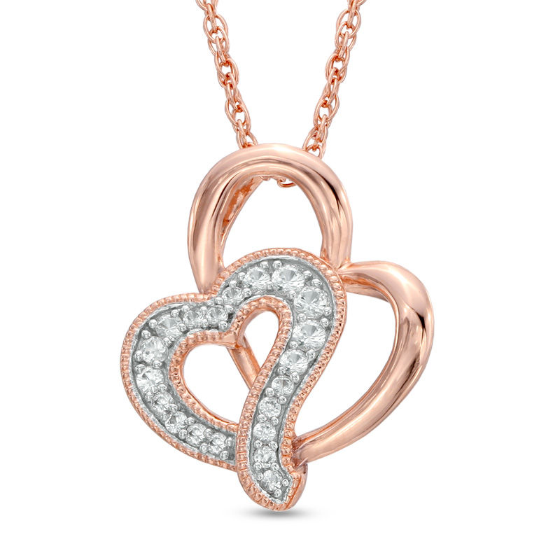Lab-Created White Sapphire Double Heart Pendant in Sterling Silver with 14K Rose Gold Plate