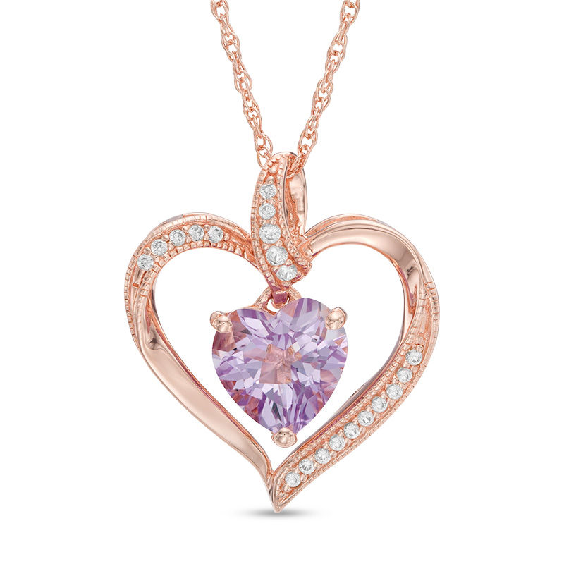 8.0mm Rose de France Amethyst and Lab-Created White Sapphire Heart Pendant  in Sterling Silver with 14K Rose Gold Plate