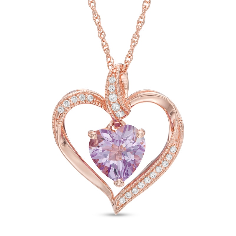 Main Image 1 of 8.0mm Rose de France Amethyst and Lab-Created White Sapphire Heart Pendant in Sterling Silver with 14K Rose Gold Plate