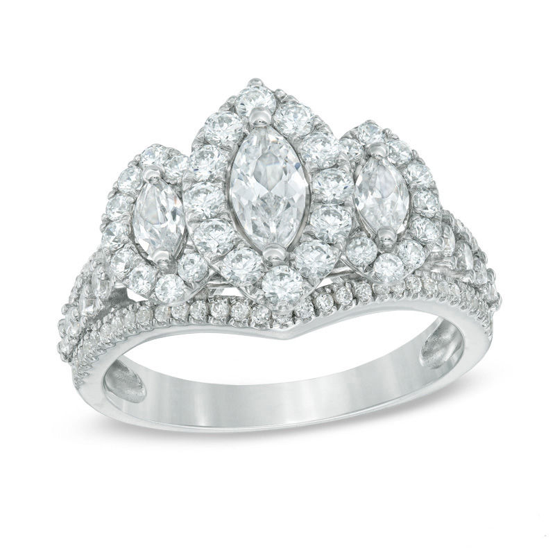 Main Image 1 of 1-1/2 CT. T.W. Marquise Diamond Frame Past Present Future® Ring in 14K White Gold