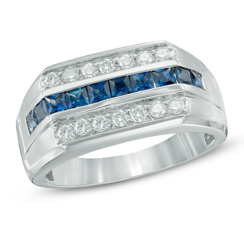 Men's Square-Cut Blue Sapphire and 3/8 CT. T.W. Diamond Ring in 14K White Gold