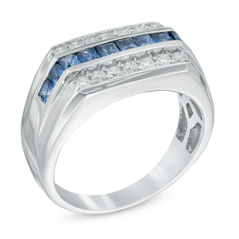 Men's Square-Cut Blue Sapphire and 3/8 CT. T.W. Diamond Ring in 14K White Gold