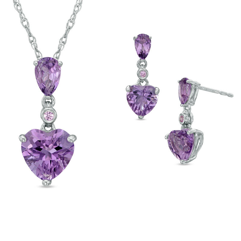 Main Image 1 of Heart-Shaped Amethyst and Lab-Created Pink Sapphire Pendant and Earrings Set in Sterling Silver