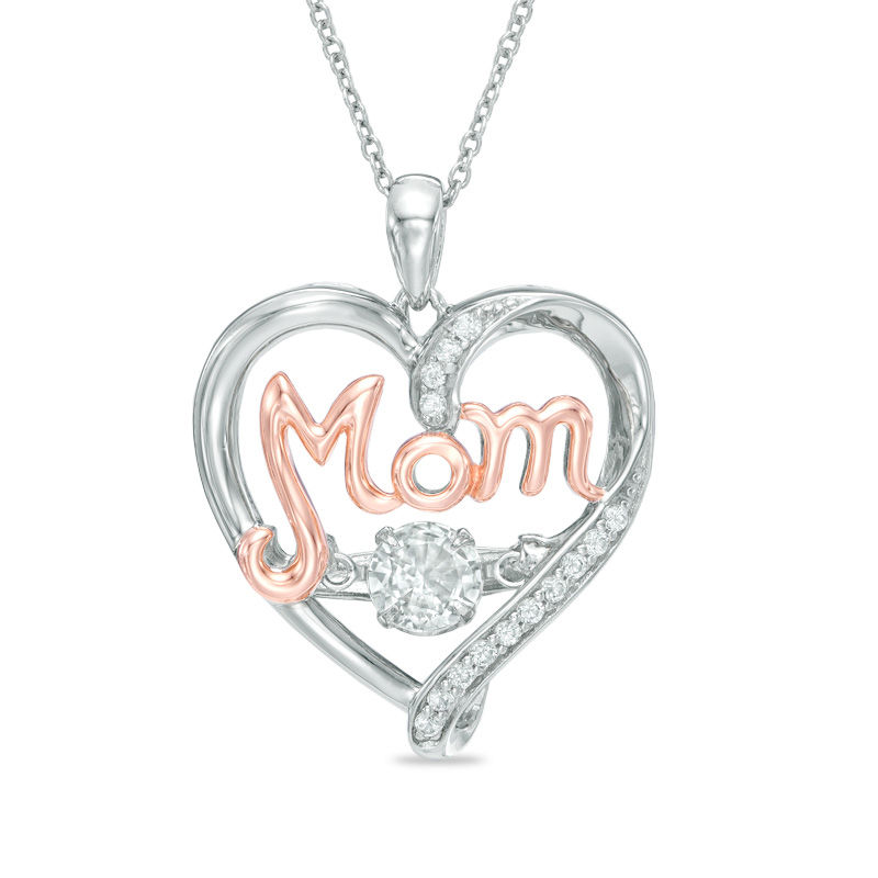 5.0mm Lab-Created  White Sapphire "MOM" Heart Pendant in Sterling Silver and 14K Rose Gold Plate