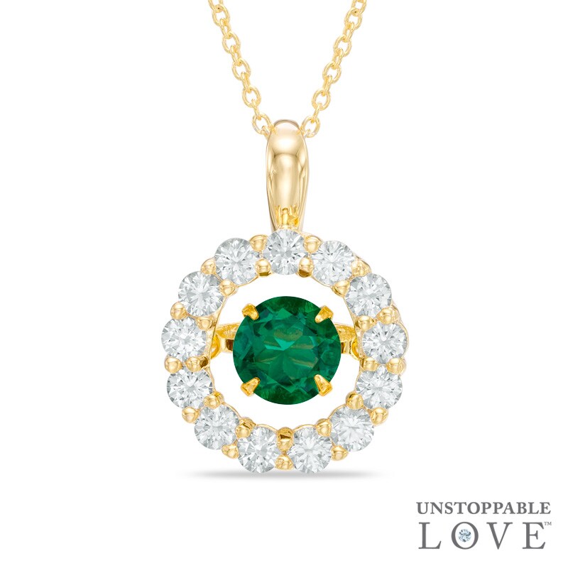 Main Image 1 of 6.0mm Lab-Created Emerald and White Sapphire Pendant in Sterling Silver with 14K Gold Plate
