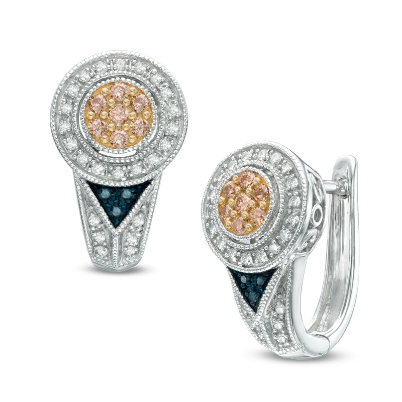 3/8 CT. T.W. Enhanced Blue, Champagne and White Diamond Hoop Earrings in Sterling Silver