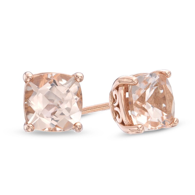 Main Image 1 of 6.0mm Cushion-Cut Morganite Stud Earrings in 10K Rose Gold