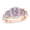 Thumbnail Image 0 of Cushion-Cut Rose de France Amethyst and Lab-Created White Sapphire Frame Three Stone Ring in 10K Rose Gold