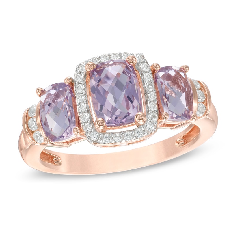 Cushion-Cut Rose de France Amethyst and Lab-Created White Sapphire Frame Three Stone Ring in 10K Rose Gold