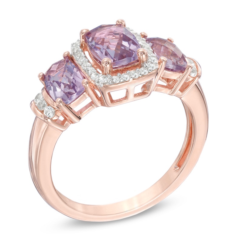 Cushion-Cut Rose de France Amethyst and Lab-Created White Sapphire Frame Three Stone Ring in 10K Rose Gold