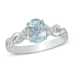 Oval Aquamarine and Lab-Created White Sapphire Twist Ring in Sterling Silver
