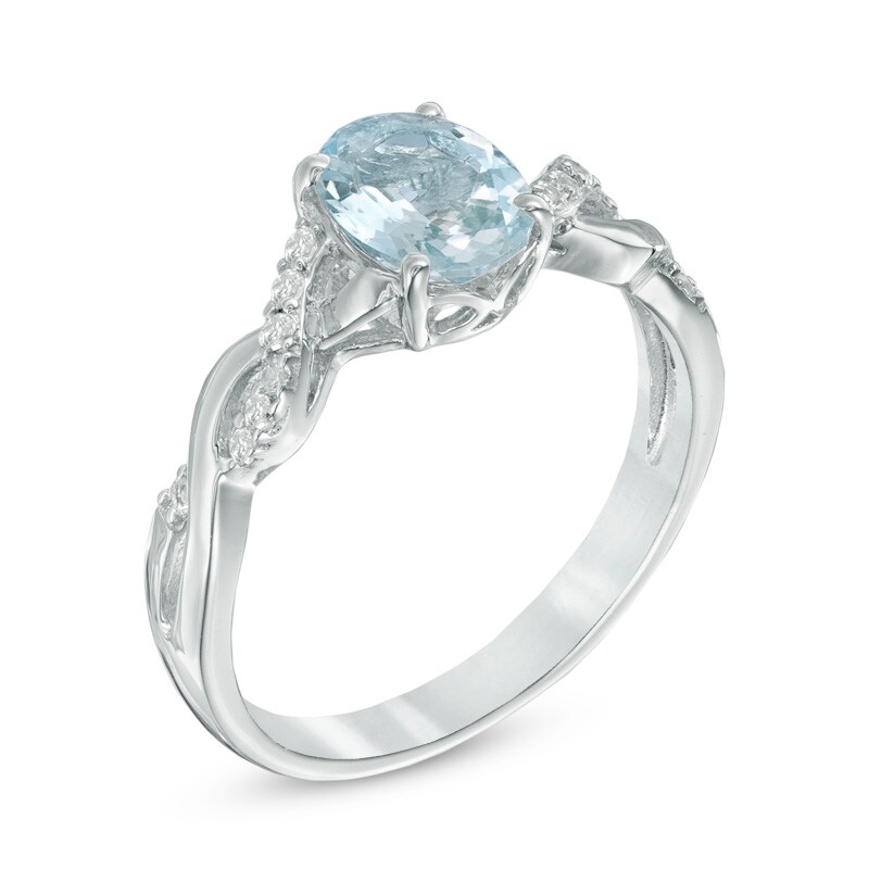 Oval Aquamarine and Lab-Created White Sapphire Twist Ring in Sterling Silver