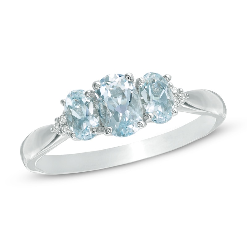 Oval Aquamarine and Lab-Created White Sapphire Three Stone Ring in 10K White Gold