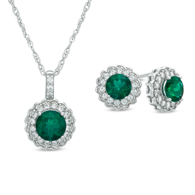 Main Image 1 of Lab-Created Emerald and White Sapphire Frame Pendant and Stud Earrings Set in Sterling Silver