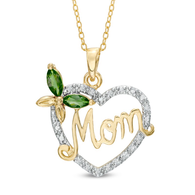 Main Image 1 of Lab-Created Emerald and White Sapphire Butterfly "MOM" Heart Pendant in Sterling Silver with 18K Gold Plate