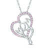 Thumbnail Image 1 of Lab-Created Pink Sapphire Tilted Double Heart "MOM" Pendant in Sterling Silver