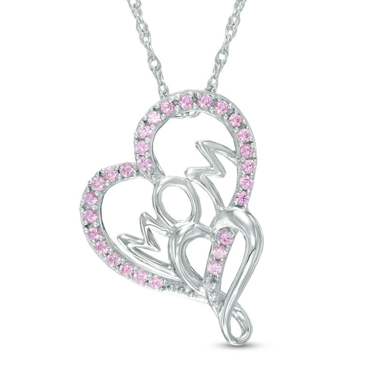 Main Image 1 of Lab-Created Pink Sapphire Tilted Double Heart "MOM" Pendant in Sterling Silver