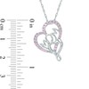 Thumbnail Image 2 of Lab-Created Pink Sapphire Tilted Double Heart "MOM" Pendant in Sterling Silver