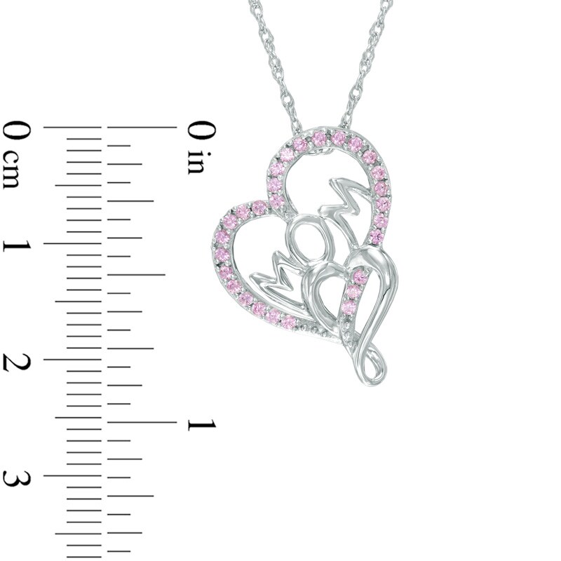 Main Image 2 of Lab-Created Pink Sapphire Tilted Double Heart "MOM" Pendant in Sterling Silver