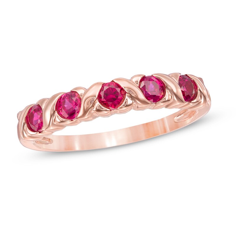 3.0mm Lab-Created Ruby "X" Five Stone Ring in 10K Rose Gold