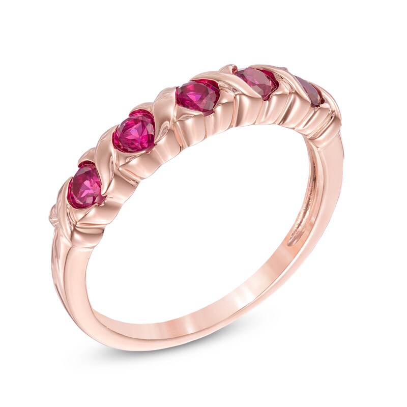 3.0mm Lab-Created Ruby "X" Five Stone Ring in 10K Rose Gold