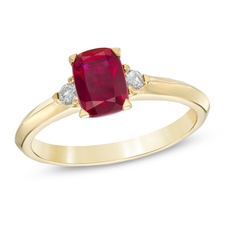 Main Image 1 of Cushion-Cut Lab-Created Ruby and 1/10 CT. T.W. Diamond Ring in 10K Gold