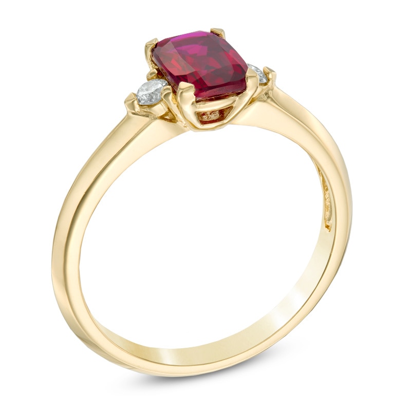 Main Image 2 of Cushion-Cut Lab-Created Ruby and 1/10 CT. T.W. Diamond Ring in 10K Gold