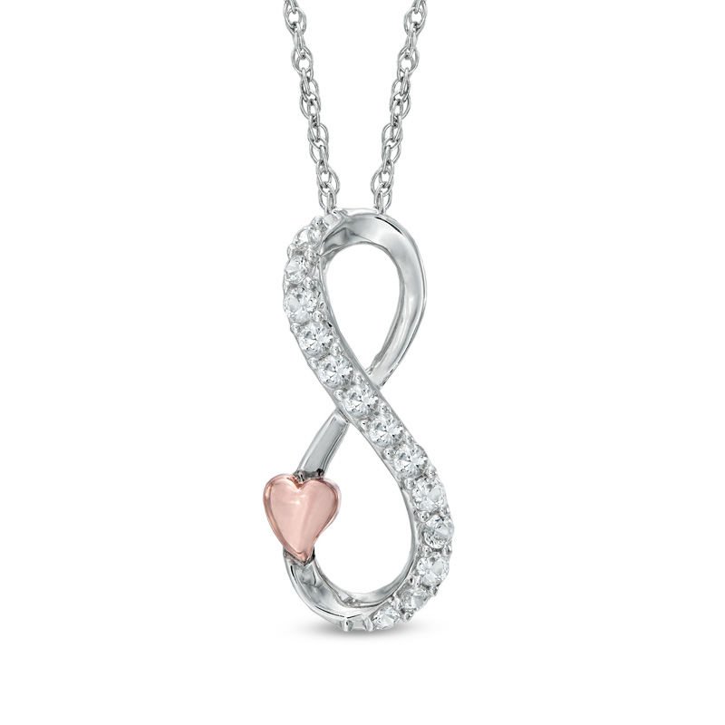 Lab-Created White Sapphire Infinity with Heart Pendant in Sterling Silver and 14K Rose Gold Plate