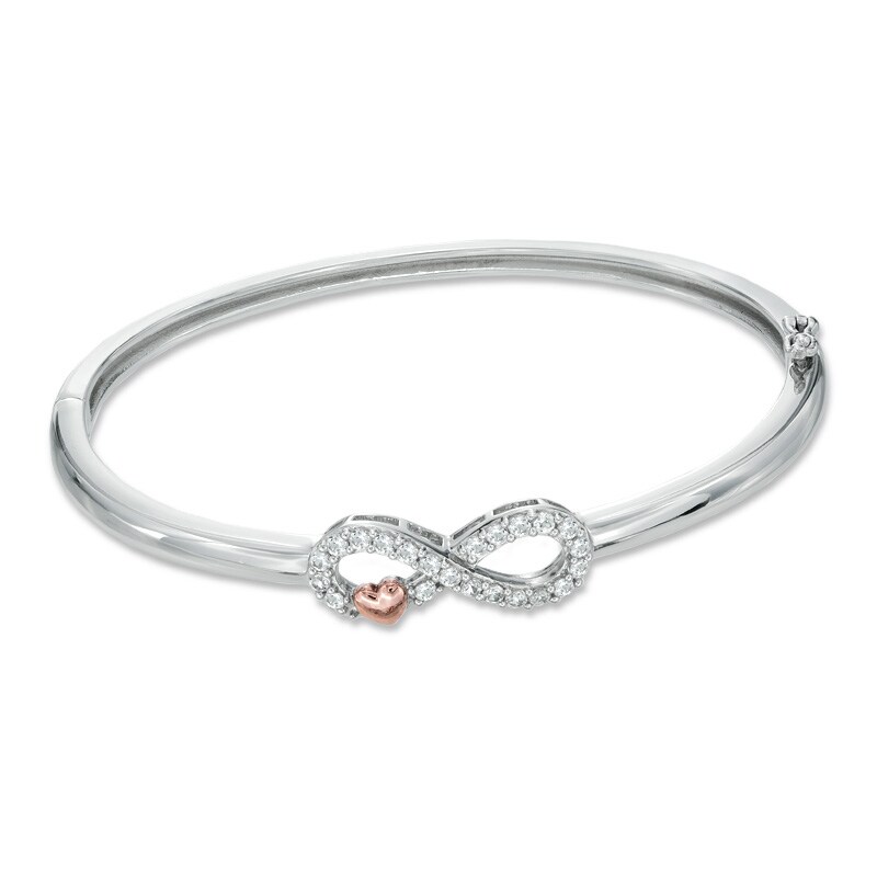 Main Image 1 of Lab-Created White Sapphire Infinity with Heart Bangle in Sterling Silver and 14K Rose Gold Plate