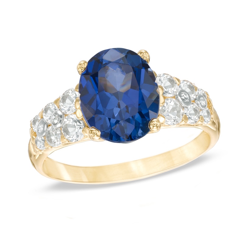 Oval Lab-Created Ceylon Sapphire and White Sapphire Ring in 10K Gold