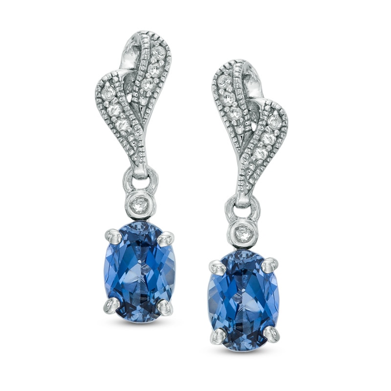 Oval Lab-Created Blue and White Sapphire Drop Earrings in Sterling Silver