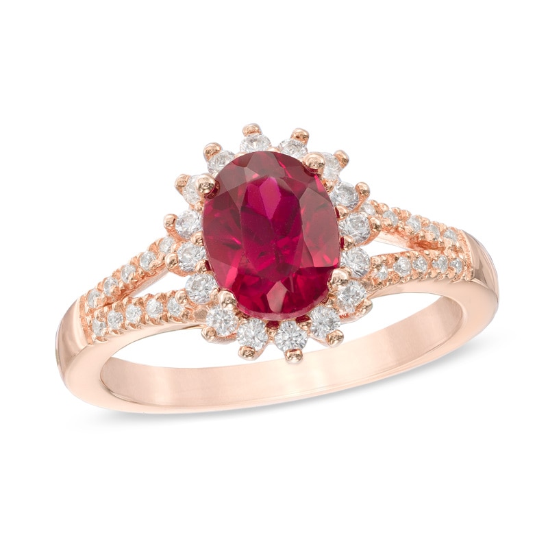 Oval Lab-Created Ruby and White Sapphire Frame Ring in 10K Rose Gold