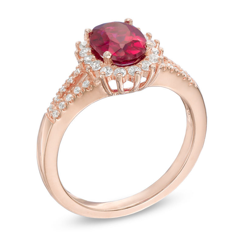 Oval Lab-Created Ruby and White Sapphire Frame Ring in 10K Rose Gold