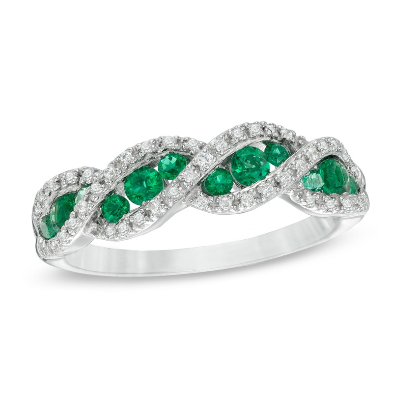 Main Image 1 of Lab-Created Emerald and White Sapphire Cascading Trios Ring in Sterling Silver