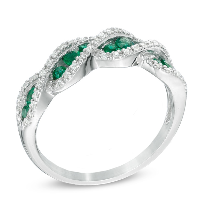 Main Image 2 of Lab-Created Emerald and White Sapphire Cascading Trios Ring in Sterling Silver