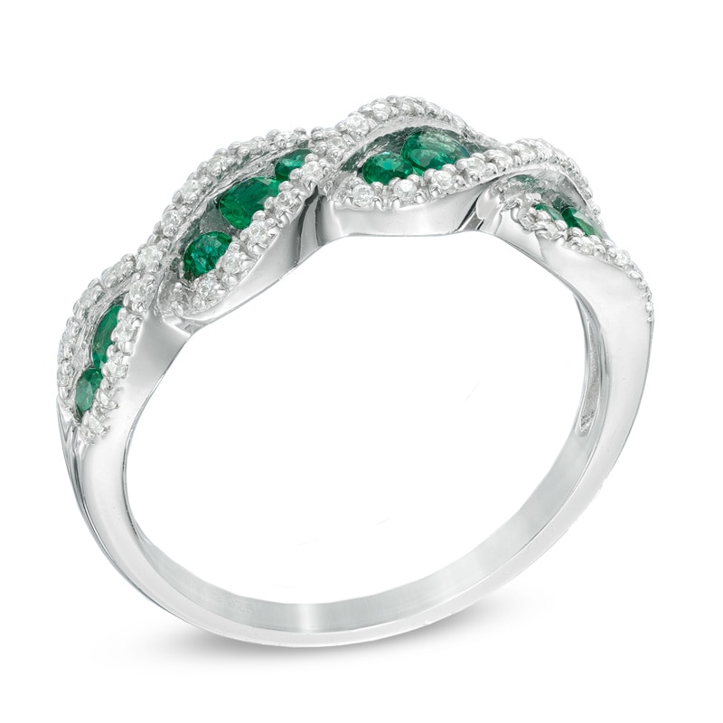 Lab-Created Emerald and White Sapphire Cascading Trios Ring in Sterling Silver