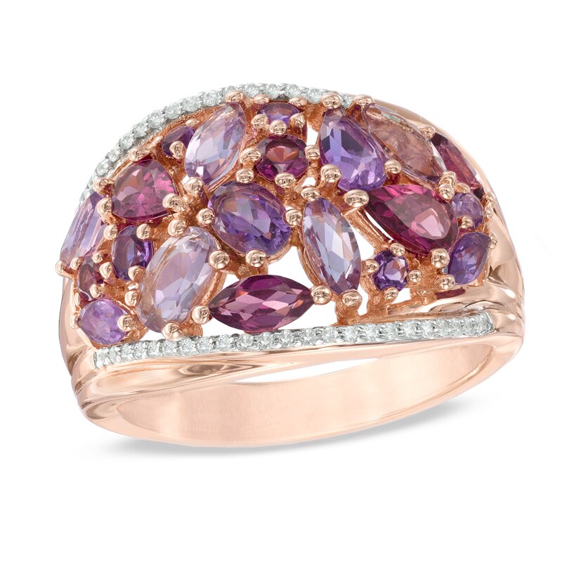 Rose de France Amethyst, Rhodolite Garnet and Lab-Created White Sapphire Ring in Sterling Silver with 14K Rose Gold Plate