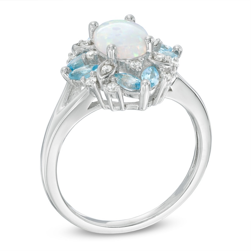 Oval Lab-Created Opal, Swiss Blue Topaz and White Sapphire Vintage-Style Ring in Sterling Silver