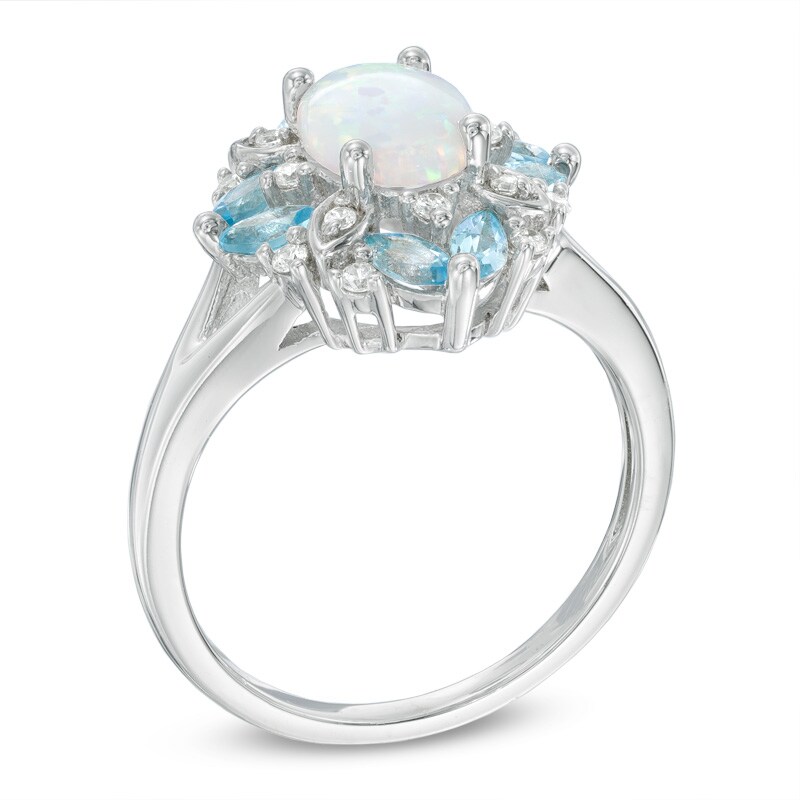 Main Image 2 of Oval Lab-Created Opal, Swiss Blue Topaz and White Sapphire Vintage-Style Ring in Sterling Silver
