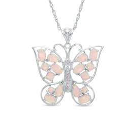 Lab-Created Pink Opal and Pink Sapphire Butterfly Pendant in Sterling Silver
