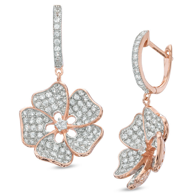 Lab-Created White Sapphire Flower Drop Hoop Earrings in Sterling Silver with 14K Rose Gold Plate