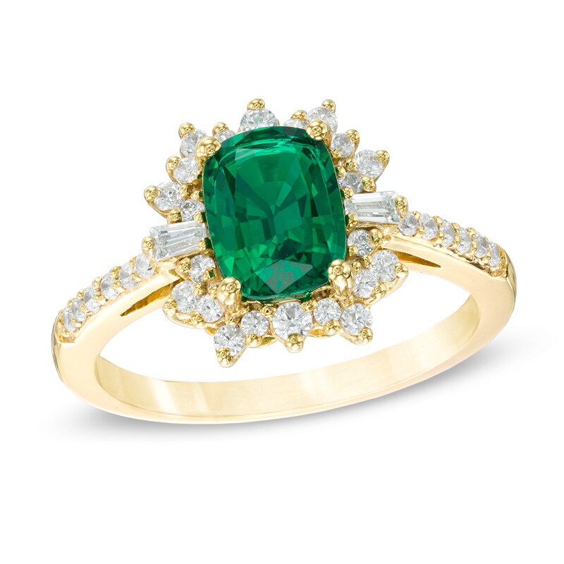 Cushion-Cut Lab-Created Emerald and White Sapphire Starburst Frame Ring in 10K Gold