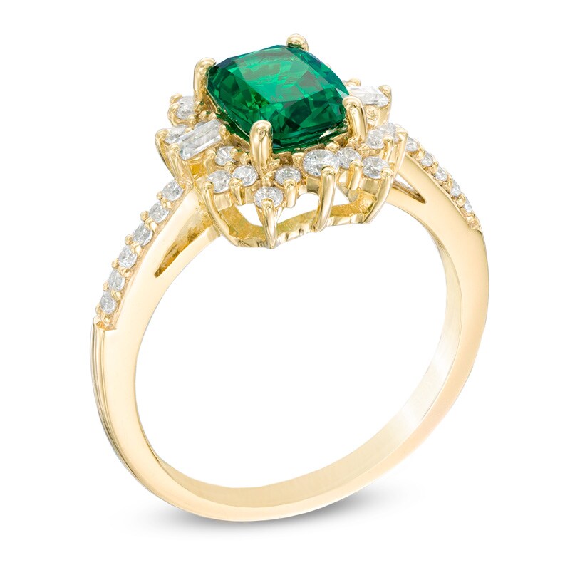 Cushion-Cut Lab-Created Emerald and White Sapphire Starburst Frame Ring in 10K Gold