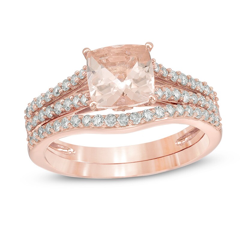 7.0mm Cushion-Cut Morganite and 1/2 CT. T.W. Diamond Bridal Set in 14K Rose Gold