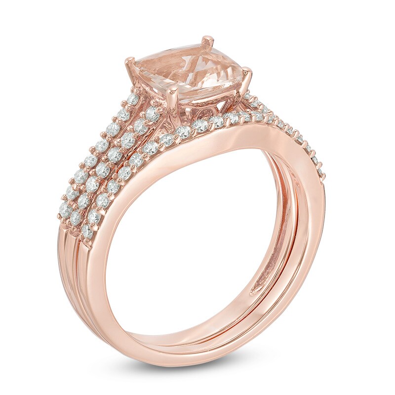 7.0mm Cushion-Cut Morganite and 1/2 CT. T.W. Diamond Bridal Set in 14K Rose Gold